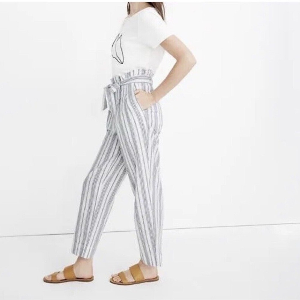 MADEWELL Linen Paperbag Pants White Cotton Dark Baltic Stripe AN839 Size 6 - Picture 3 of 16